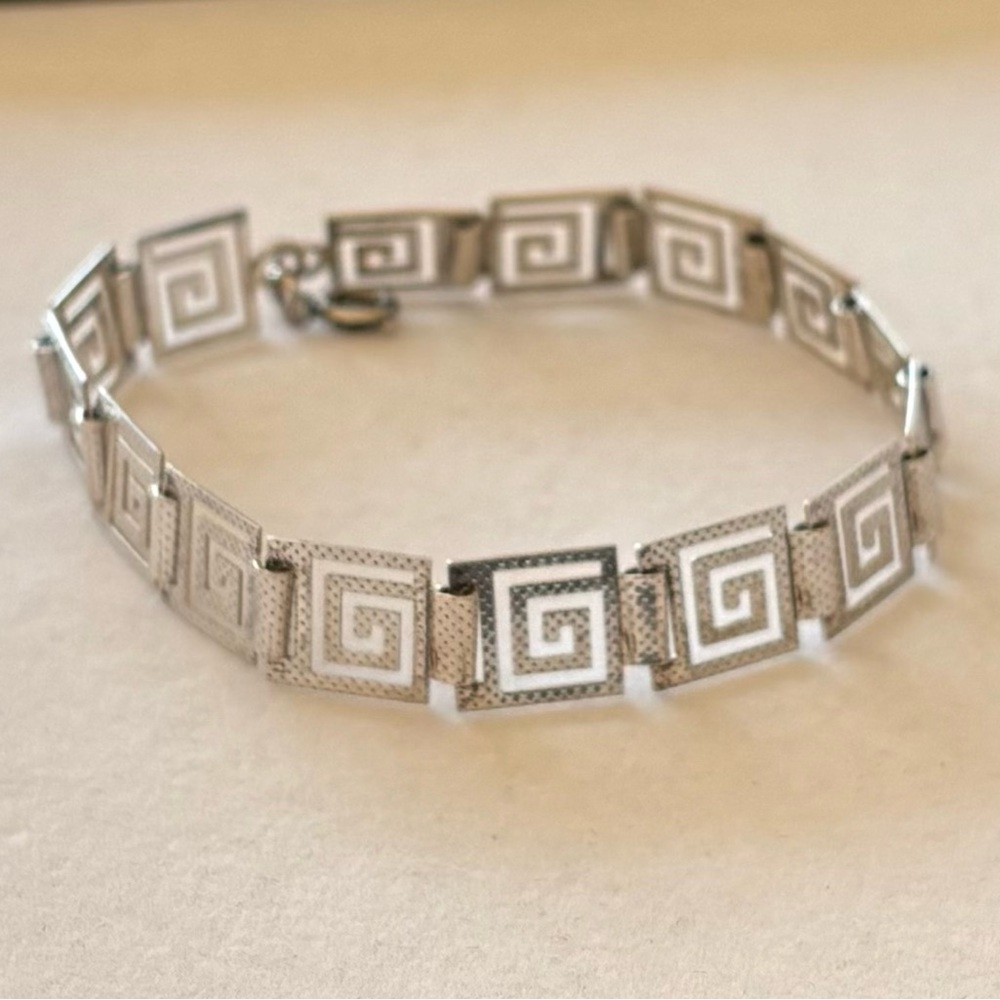 Vintage 925 Sterling Silver Greek Key Swirl Link Statement Bracelet 7.5”